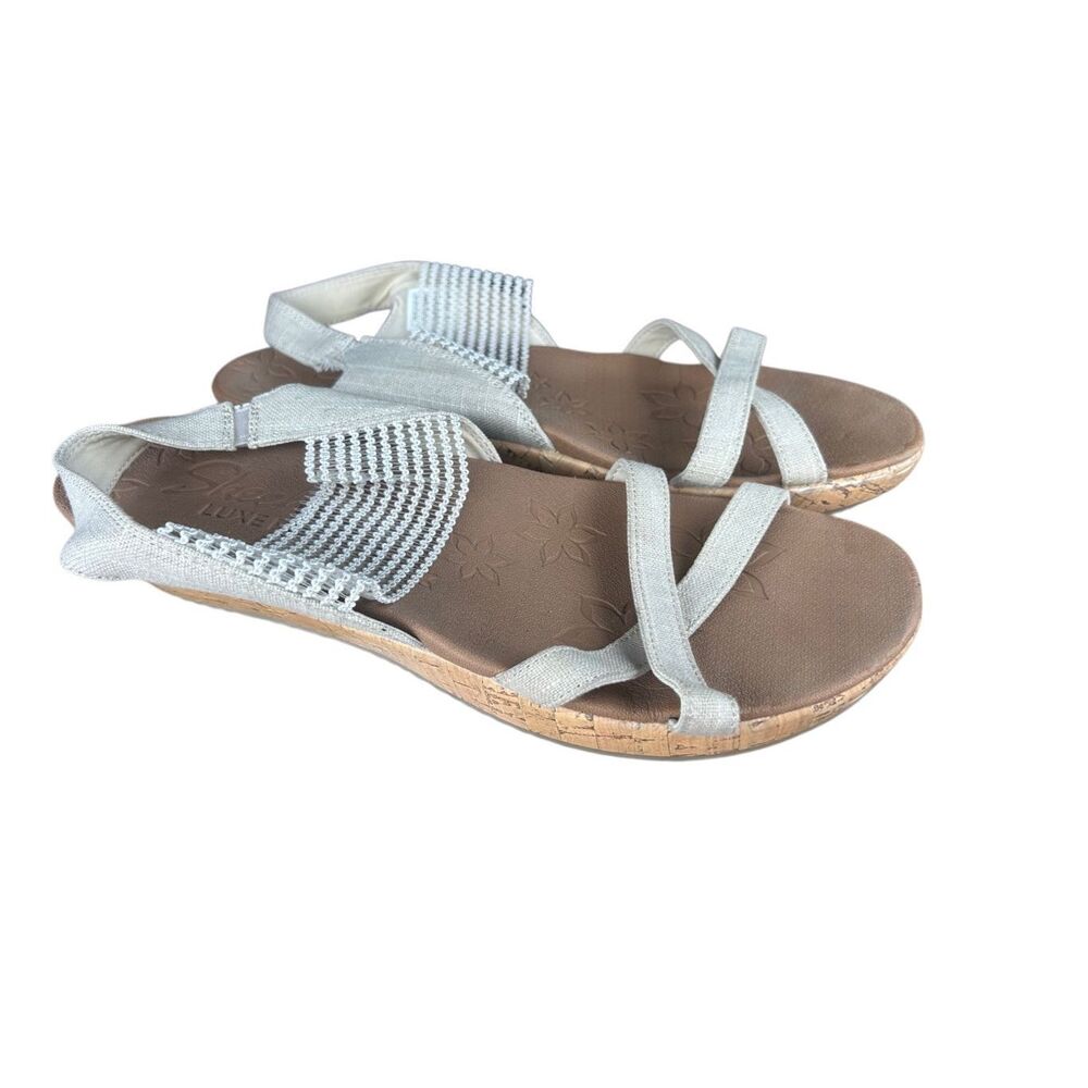 Skechers Luxe Foam Women Sandals Beige Elastic Straps Cork Wedge Comfort Size 11